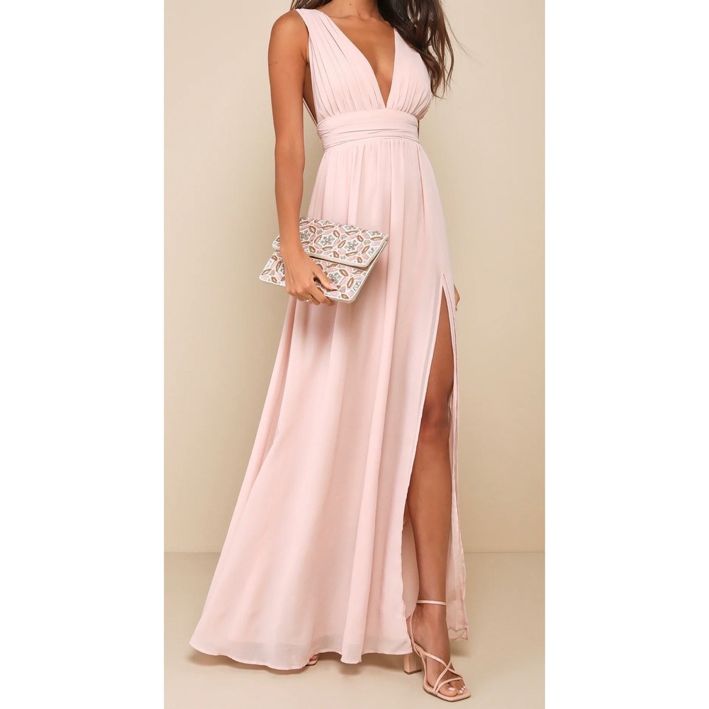 Lulus Heavenly Hue Blush Pink Maxi Dress V Neck Empire Waist‎ with Slit Size XS